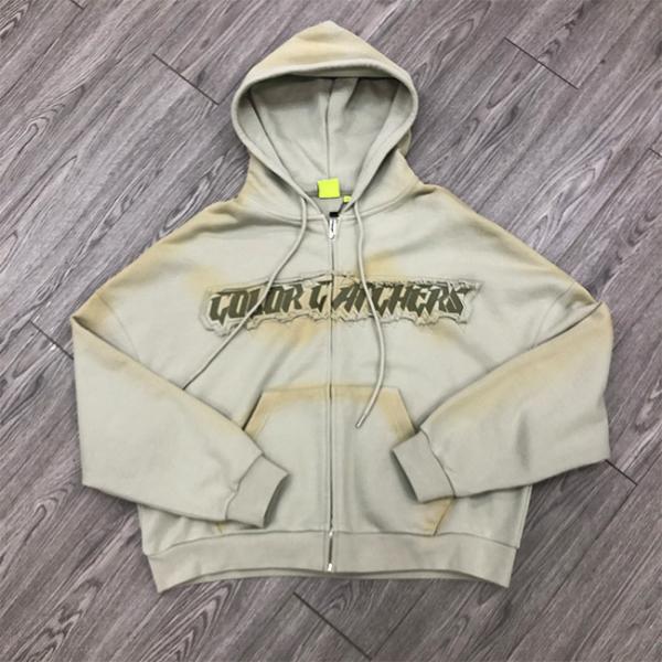 Sudadera con capucha de algodón 100% con cremallera, bordado y aplique con logotipo personalizado de 450 g/m², tejido de rizo francés