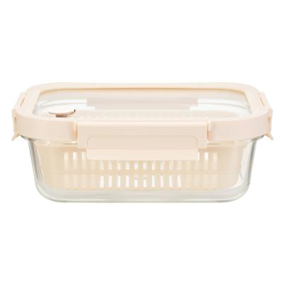 Stackable Airtight Glass Food Container With Vented Glass Lid And Removable Drain Basket