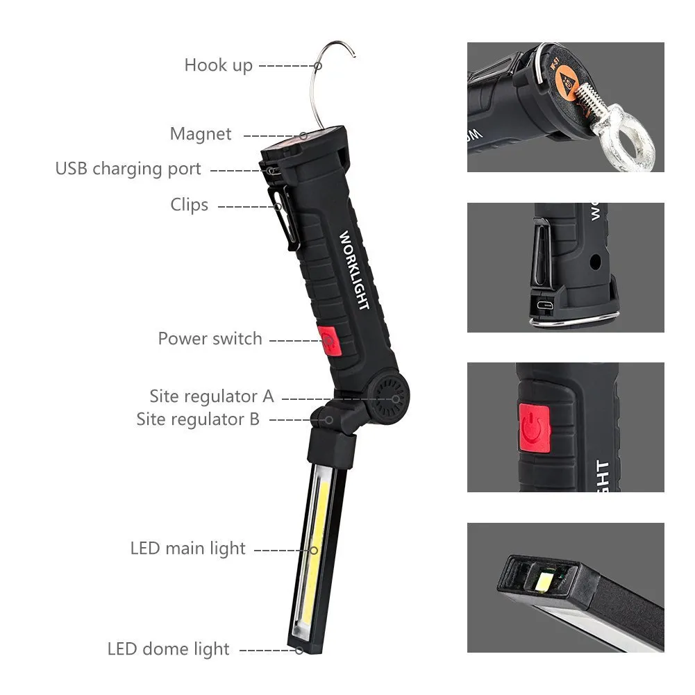 Rechargeable Craftsman LED Work Lights 360 Deg Free Rotating 3W COB LED Work Light Torch 200 Lumen