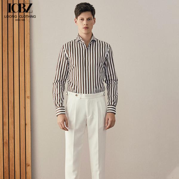 Men's Business Formal Brown Striped Long-Sleeved Shirt with Single Breasted Closure