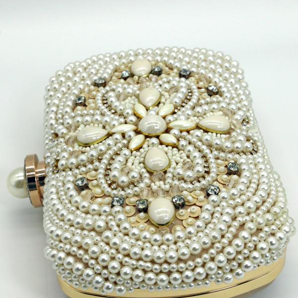 Sewing Pearl Evening Clutch Handbag Purse Beige Fashion For Ladies Dinner