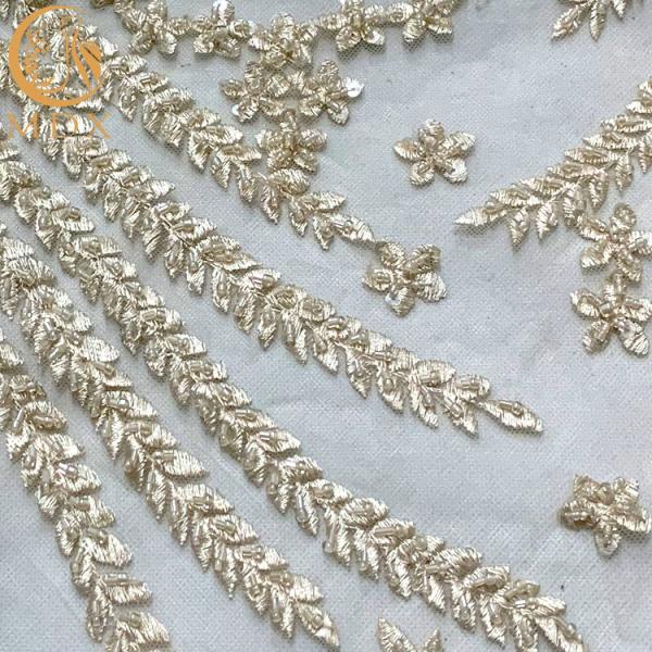 White Nigerian Wedding Dress Beaded Lace Fabric 91.44Cm Length