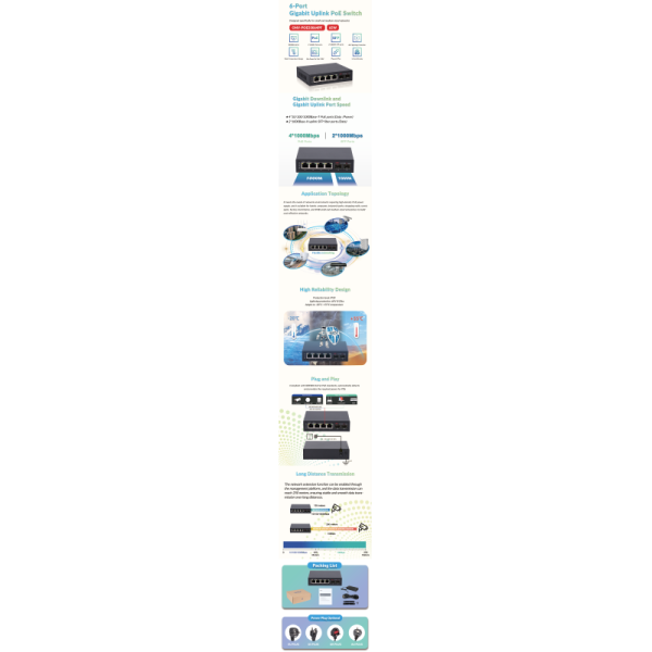 6 Port Gigabit PoE Switch With 30W PoE Per Port And Gigabit Uplink SFP Ports