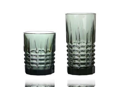Solid Smoky Grey Crystal Highball Glasses, Geometric Embossed 12 Oz Highball Glasses