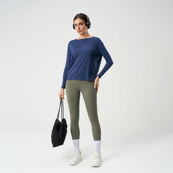 Soft Modal Long Sleeve Boat Neck Top and Leggings Set Dusty Blue Stretchy Breathable