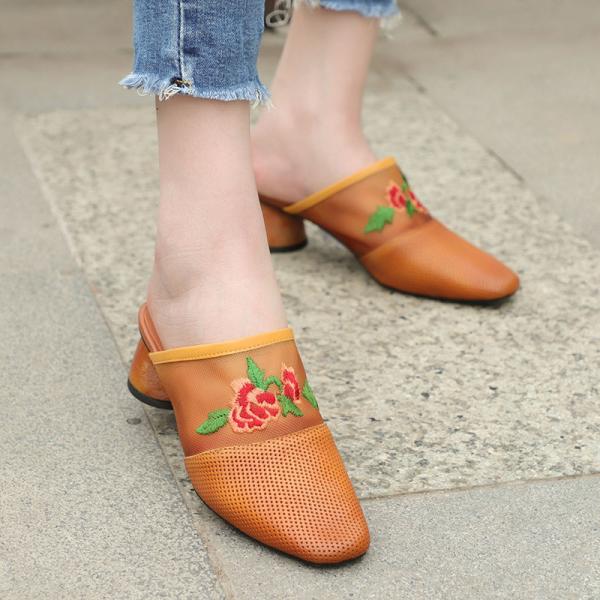 HZM006 Sandals Women'S Leather Embroidered Slippers Ethnic Lazy Shoes Hollow Breathable Retro Classic Women'S Shoes Embr