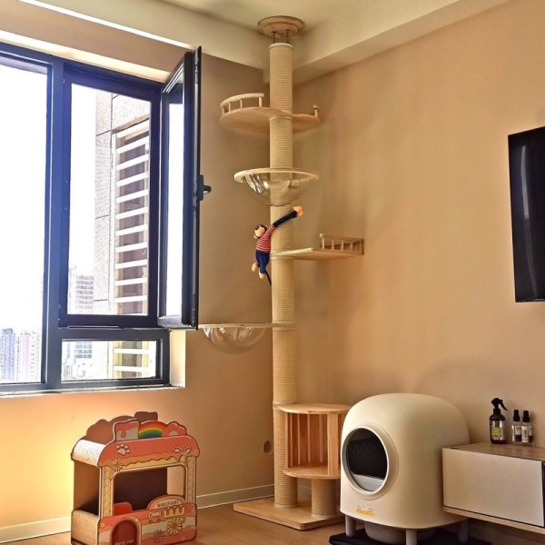 Floor-to-Ceiling Modern Luxury Sisal Wood Adjustable Durable Cat Climbing Frame Jumping Platform Cat Tree Condo Furniture Carton