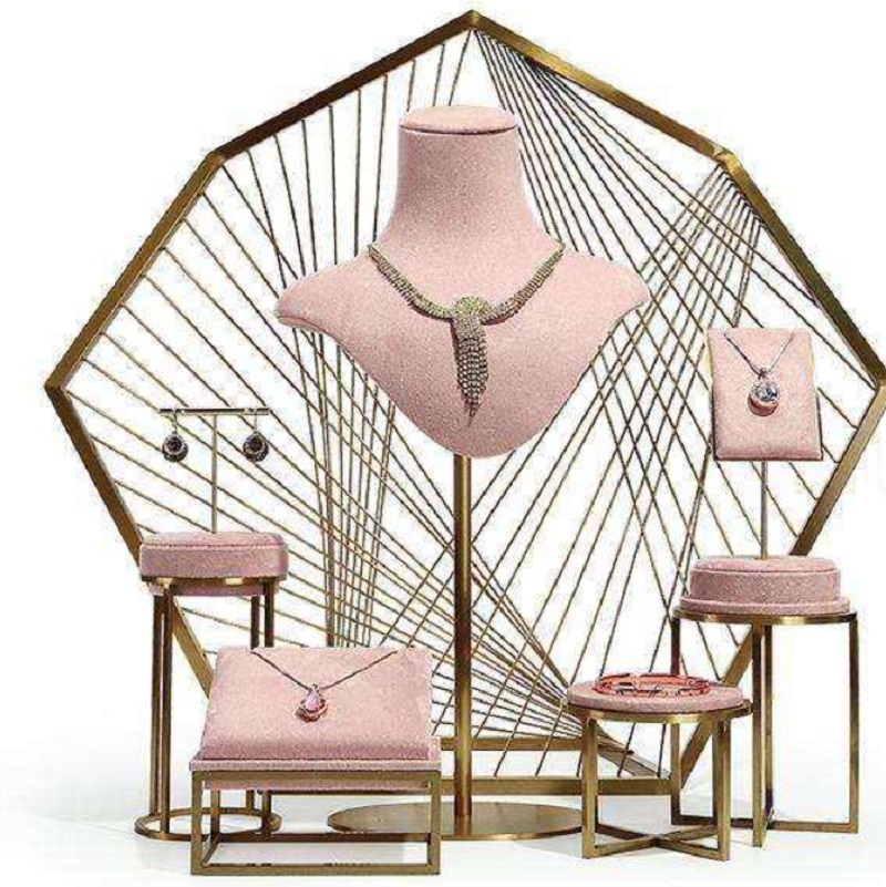 Luxury Pink Velvet Jewelry Display Set with Premium Brushed Gold Geometric Frame and Ergonomic Stand Design