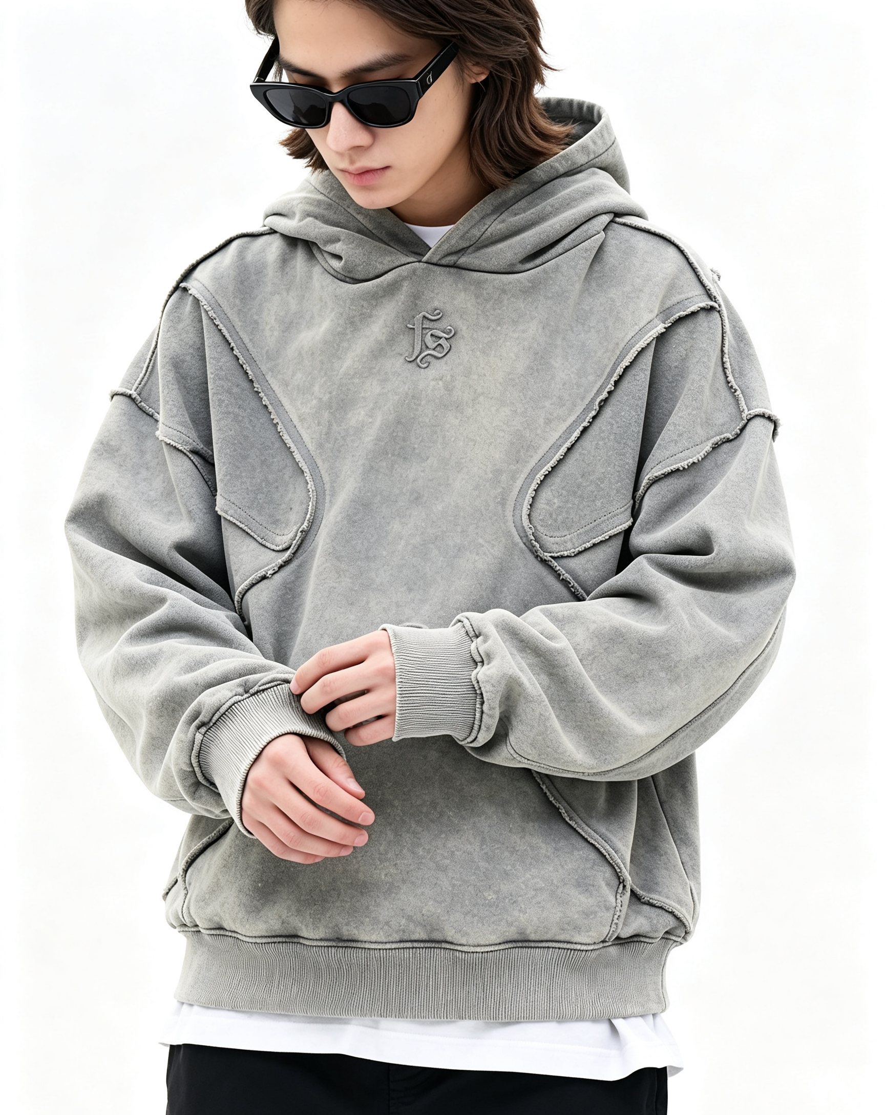 500G 100% Cotton Raw Edge Spliced Hoodie, Oversized Drop Shoulder Vintage Streetwear Pullover Hooded Sweatshirt for Bulk Wholesale
