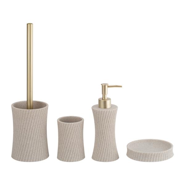Sand Stone Bath Accessories Sets Swirl Shape With Sand Color Hand Soap Bottle Toilet Brush Holder Soap Dish