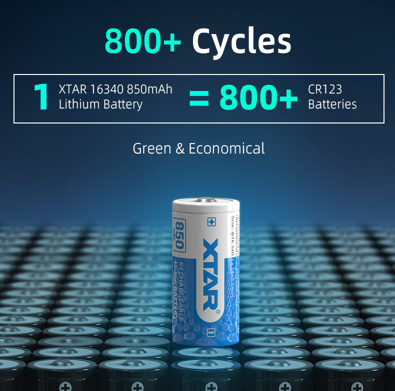 XTAR 16340 850mAh Audio Battery with 2.5A Continuous Discharge and 800+ Recharge Cycles for OEM Applications
