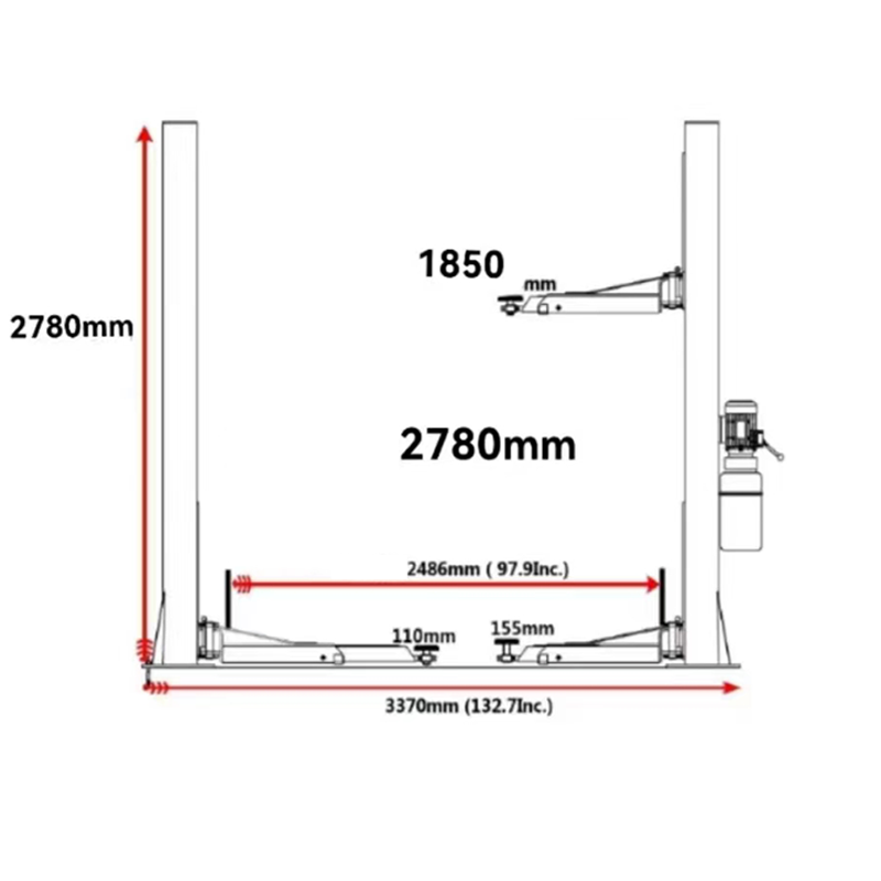 High Lift Two Post Car Lift with 4ton Capacity 75in Lift Height and 2.2kw Motor Power for Garage and Workshop