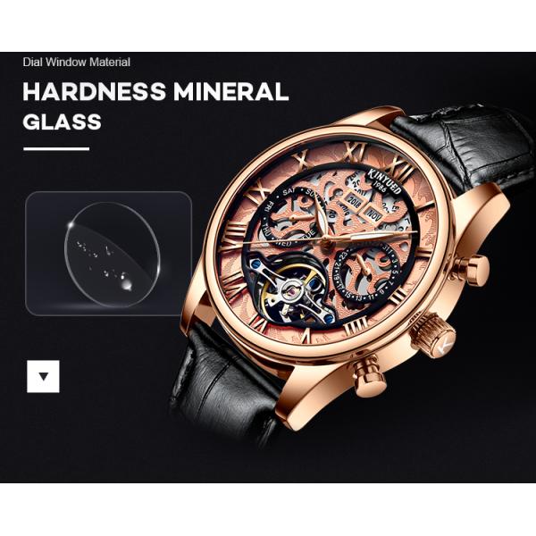 KINYUED genuine leather tourbillon mens automatic watch skeleton mechanical watch luminous watch