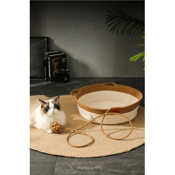Handmade All-Season Cat Bed Solid Pattern Rattan Woven Pet Nest Winter Warm Removable Washable Pad Scratch Board Small Animals