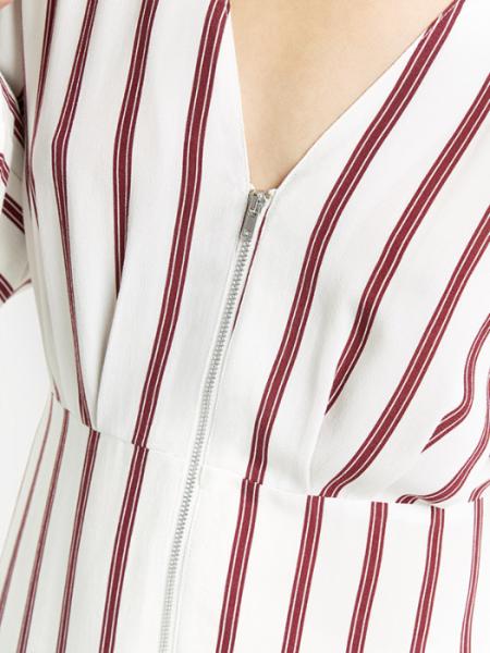 2018 New Arrival Fall Long Sleeve White and Red Striped Zip Front Sex V neck Midi Dress Ladies Autumn