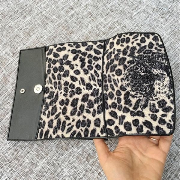 Authentic Stingray Skin Leopard Tiger Designer  Long Wallet Genuine Leather Women Large Clutch Purse Lady Card Holder