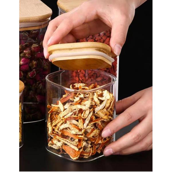Modern Design Food Storage Container with Bamboo Wood Lid 300ml 500ml Spice Glass Jar
