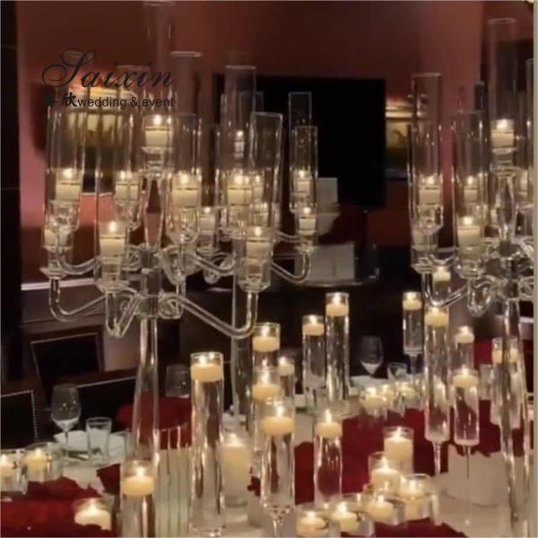 Candeeiro alto de vidro 9 braços Candelabro de cristal para peça central do casamento