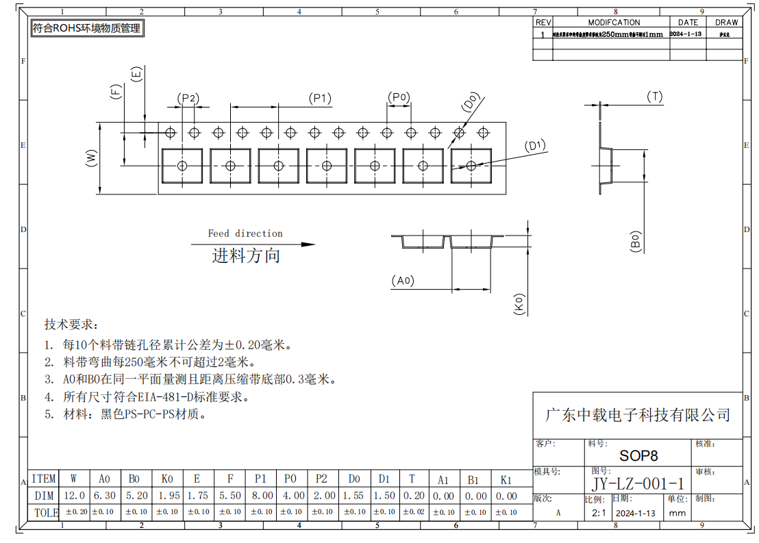 Black Electronic Carrier Tape SOP8 Carrier Tape Wide Cavity Support For IC Packaging