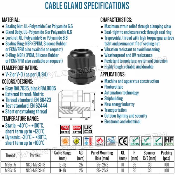 Waterproof Cord Connector M25x1.5 Plastic Cable Gland IP68, 13-18mm Range, Nylon (PA) 6, UL746C-f1 Rated, Outdoor Use