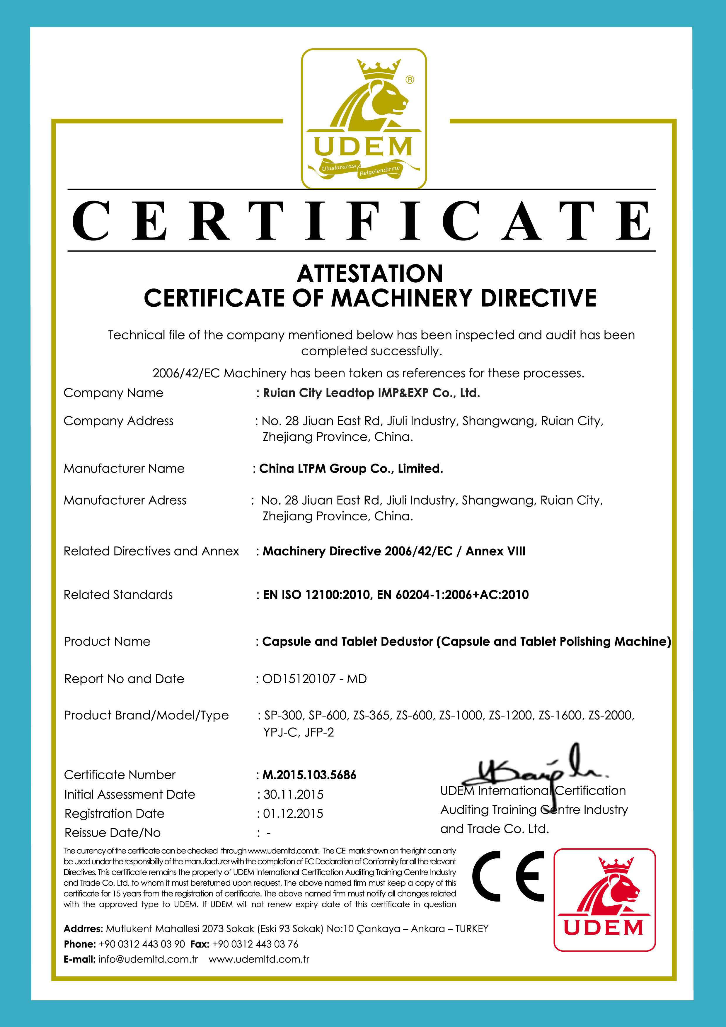 Leadtop Pharmaceutical Machinery Сертификации