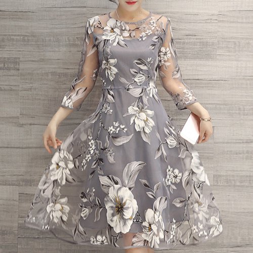 fashion & charming round neck 3/4 sleeve floral print see-trough women's dress