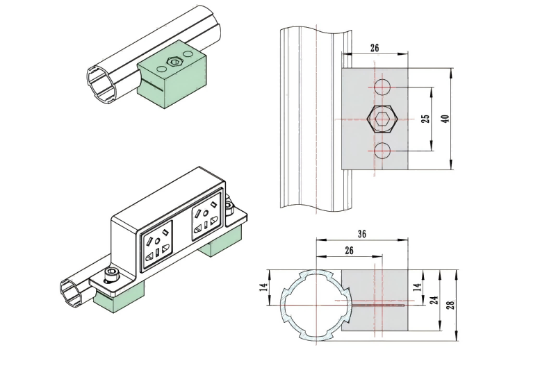 DYJ28-A13 Aluminum Lean Pipe Joint Double Hole Function Accessories Manufacturers Direct Sales Range Complete