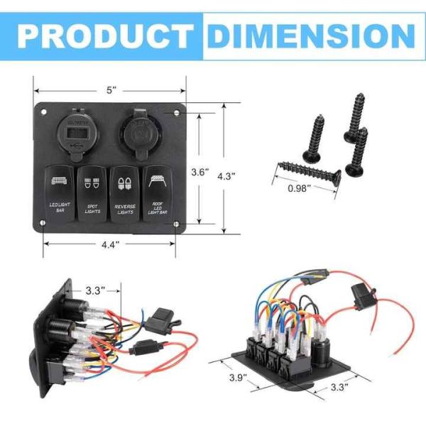 Waterproof 12V/24V 4 Gang Marine Switch Panel Dual USB + Cigarette Lighter