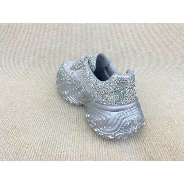Women silver leather sneakers with bling crystal and breathable mesh upper lacing