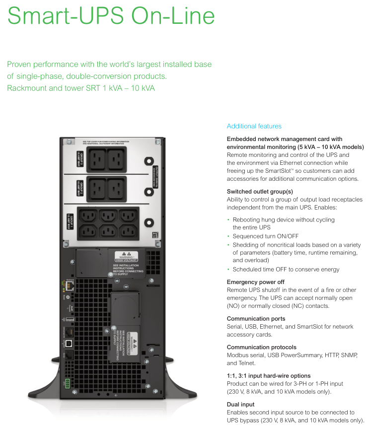 APC Smart UPS On Line 6kVA 6kW 230V SURT6000XLI с USB-накопителем DB-9 RS-232