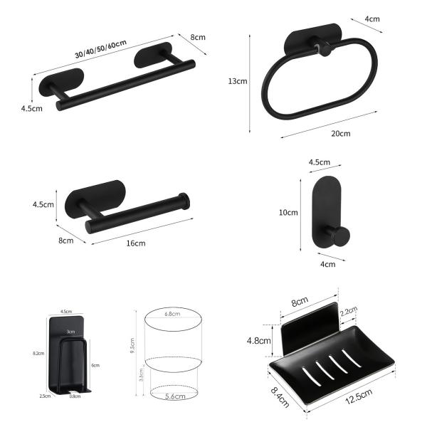 SUS304 Wall Mounted Bathroom Rack Set 6 PCS Matte Black color