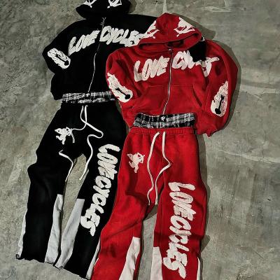 Costume sur mesure Sweatsuit deux pièces Tracksuit Applique Distressed Broderie Tracksuit Fermeture à glissière Hoodie et Double Couche Sweatpants Ensemble Hommes