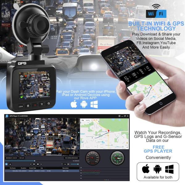 обнаружение движения G-датчика ночного видения WDR встроенное GPS Wi-Fi камеры DVR автомобиля записи объектива 4K UHD кулачка черточки 70mi двойное
