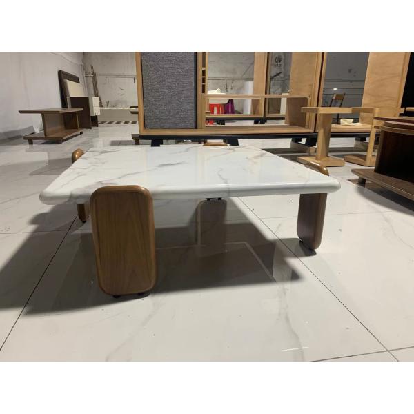 indoor Square Carrara White Marble Coffee Table with White Wax Solid wood Legs