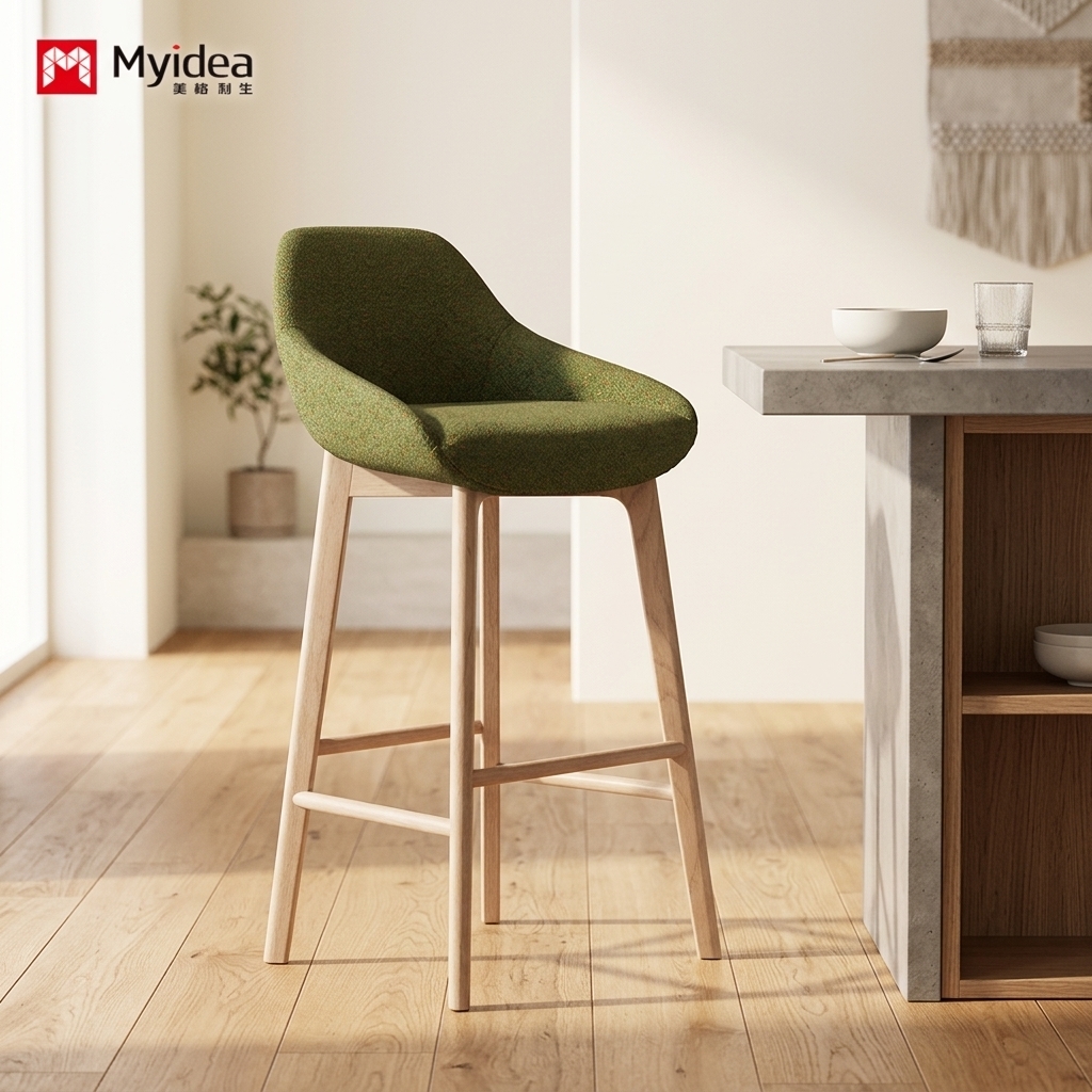 Commercial-Grade Eco-Friendly Fabric Bar Stool with Natural Wood Base Contemporary Design for Cafs Restaurants Boutique Hotels