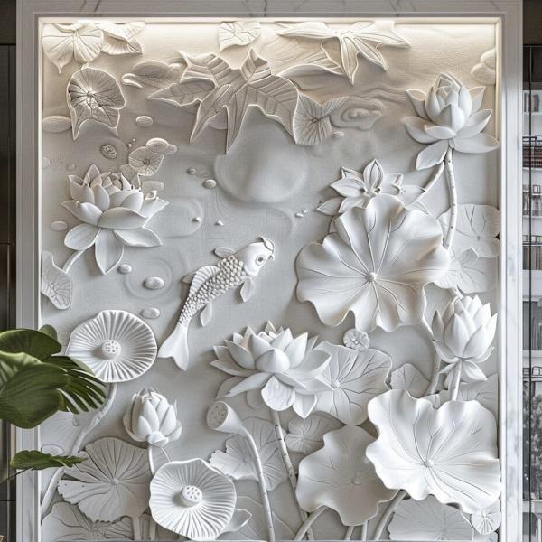 Exquisite Lotus Relief Mural Hand Carved from Natural Marble Stone for Modern Wall Decor