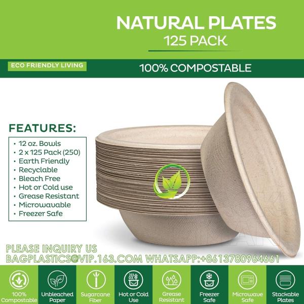 12 Oz Paper Bowls, Disposable Compostable Bowls, Biodegradable Soup Bowls Made Of Natural Bagasse, Eco-Friend