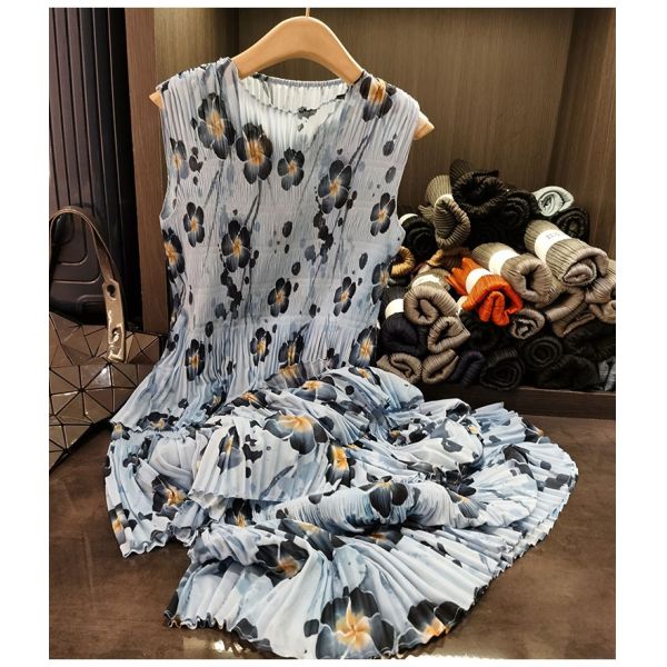 Women's Chic Summer Dress Super Elegant Pleated Design Casual Midi Length Chiffon Wide Swing Long Skirt Leopard High-End