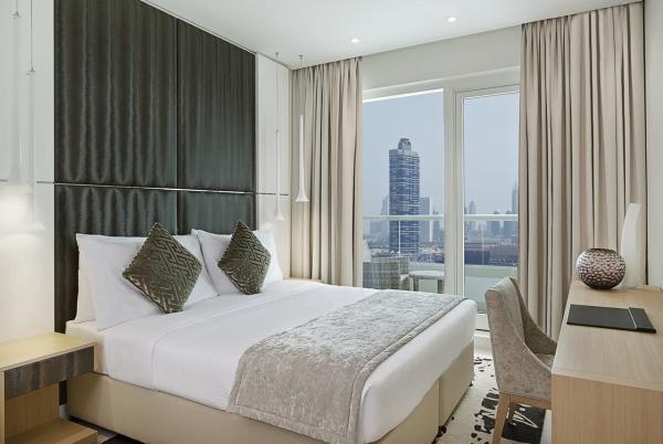 Hotel apartment room furniture made by Laminate board for Desk with Minibar cabinets and Upholstered headboard