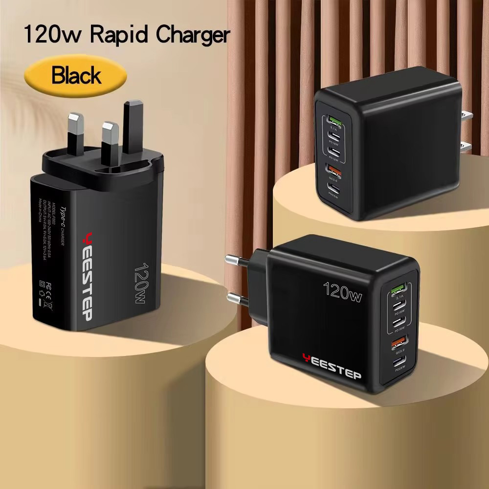 Yeestep E-bike 120W Wall Charger 3USB + 2C Plastic Fast Charging Adapter for Android Phones EU/UK/US