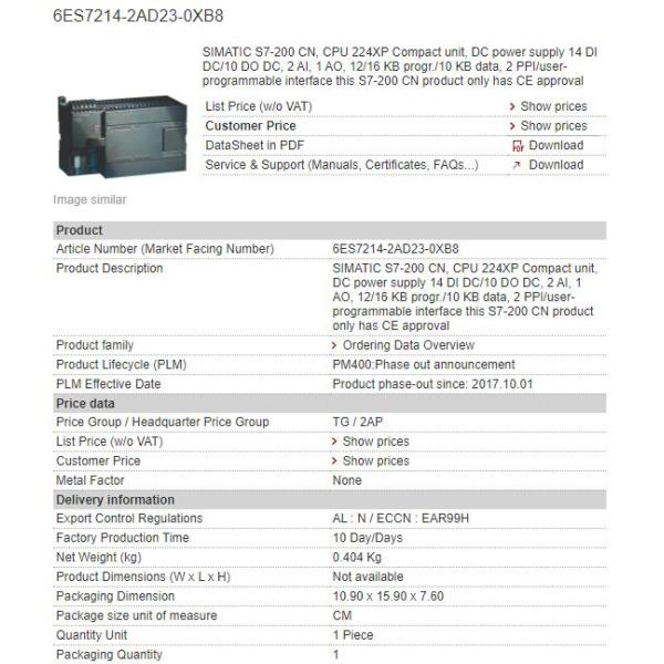6ES7214-2AD23-0XB8 6ES7 214-2AD23-0XB8 Siemens Compact Unit