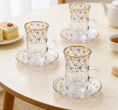 Ergonomic Glass Handle Glass Coffee Cups 165ml Capacity Round Design Comfortable Handle 6 Cups and 6 Saucers Set