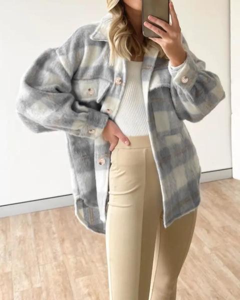                  Winter Plaid Jacket Women Overshirt Long Checkered Jacket Woman Female Long Sleeve Winter Shirt Jackets Coats for Women             