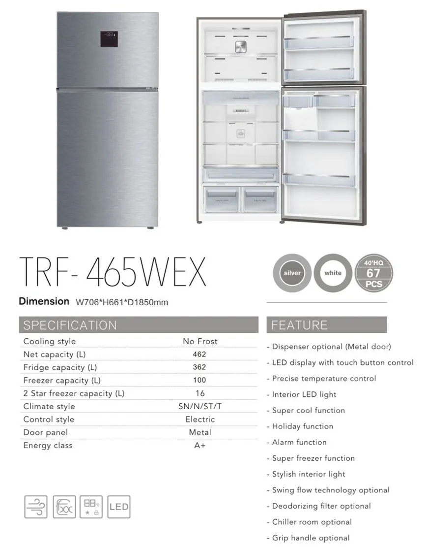 No Frost Free Refrigerator Top Freezer Big Capacity 465L Model: Trf-465wex
