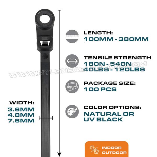 Attache de serrage à tête montable nylon 6.6 300mm x 7.6, collier serrage plastique 120 lbs avec trou de vis pour intérieur et extérieur