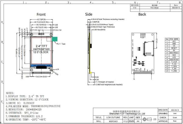 YBN024GES-Q1 2.4-inch SPI Display LCD Module with 320*240 Resolution and SPI Interface