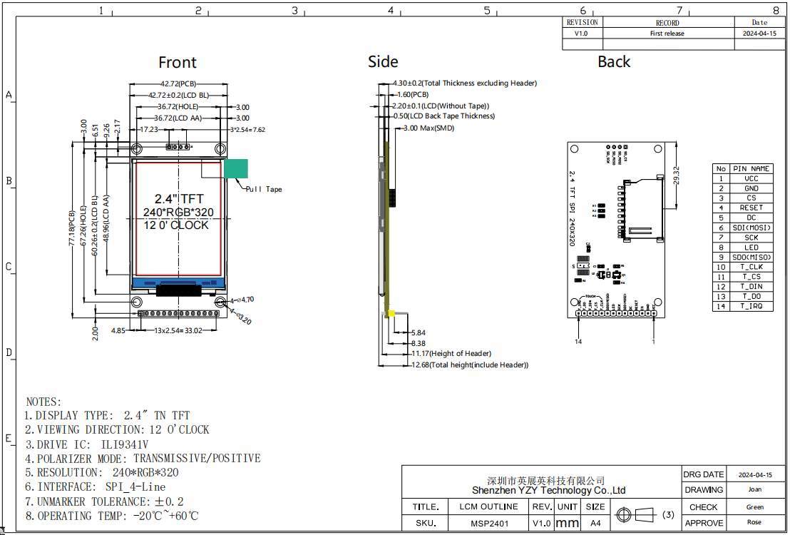 YBN024GES-Q1 2.4-inch SPI Display LCD Module with 320*240 Resolution and SPI Interface