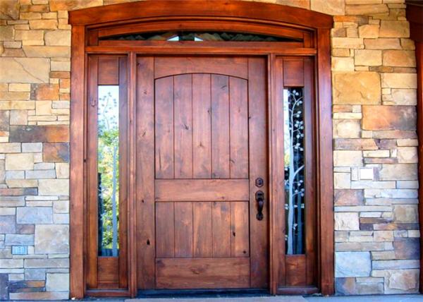 Exterior Solid Wood Door Front Entry Inswing / Outswing Opening With Sidelites Open Door