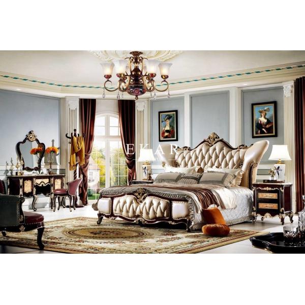 Luxury Antique European Design Upholstered Leather Wooden Carving King Size Bed