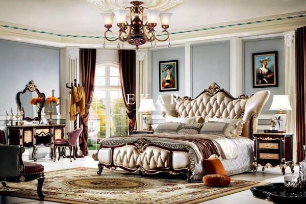 Luxury Antique European Design Upholstered Leather Wooden Carving King Size Bed